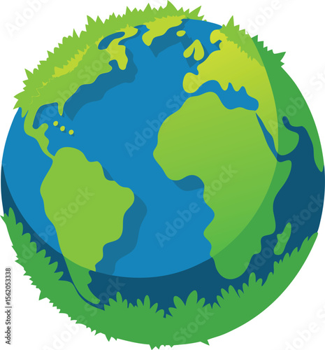 Stylized earth with green grass growing around its continents and oceans
