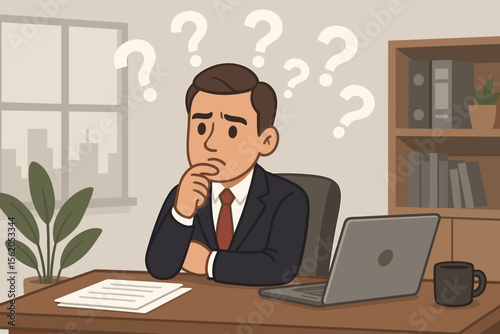 Confused businessman thinking at office desk, question marks, decision making, workplace stress, problem solving, uncertainty, office interior, laptop, paperwork, business suit, cartoon vector