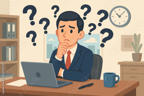 Thoughtful businessman in office with laptop surrounded by question marks, pondering decisions and next steps, corporate dilemma, confusion, problem solving concept, vector cartoon illustration