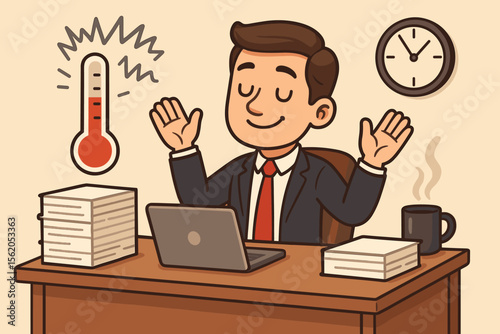 Calm businessman stress relief at work, office relaxation, workplace wellness, mental health, stress management, meditation, productivity, cartoon vector, corporate wellness, time management