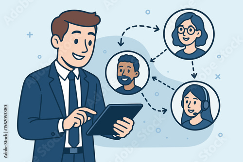 Businessman using digital tablet managing remote freelance team online. Teamwork, virtual collaboration, project management, global communication, business network, telecommuting, cartoon vector