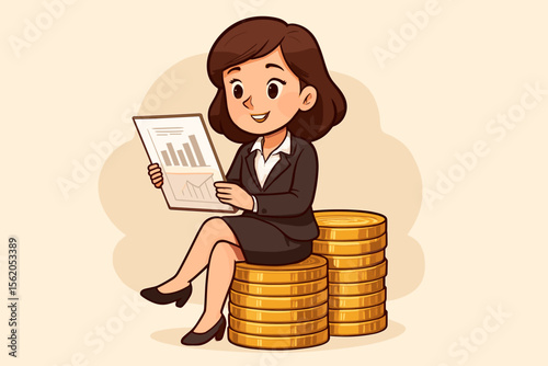 Confident businesswoman analyzing financial report sitting on gold coin stacks. Cartoon vector illustration. Female executive, investment, finance, wealth management, economic growth concept.