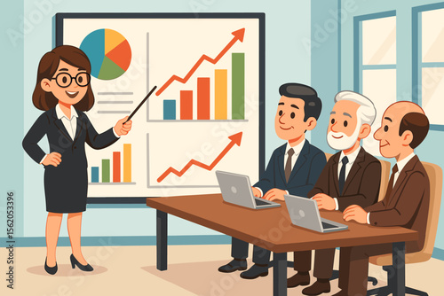 Businesswoman presenting financial report to executives in boardroom, cartoon vector illustration. Team meeting, business presentation, analytics, growth charts, pie graph, laptops, corporate strategy