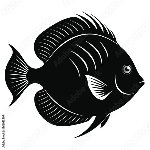 Black and white vector illustration of a fish swimming underwater with aquatic and marine life elements