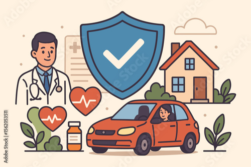Comprehensive Insurance Protection Concept Vector. Health, Home, Auto Coverage. Doctor, Medicine, Heartbeat, House, Car, Security Shield, Family Safety, Medical Care, Property, Vehicle Safety