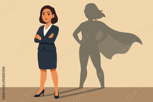 Empowered businesswoman in suit standing confidently with arms crossed, superhero cape shadow on wall, leadership, ambition, inner strength, female empowerment, motivation, vector illustration