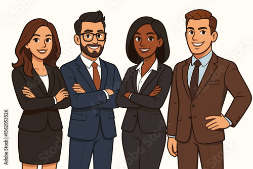 Confident business team group illustration. Diverse professional men and women in suits standing together, arms crossed, teamwork, leadership, corporate office staff, cartoon vector art.