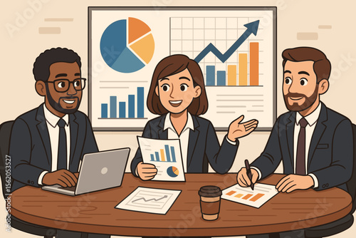 Business Team Analyzing Financial Data and Revenue Growth Strategies, Corporate Meeting, Marketing Professionals Discussing Charts, Graphs, Reports, Office Collaboration, Vector Illustration