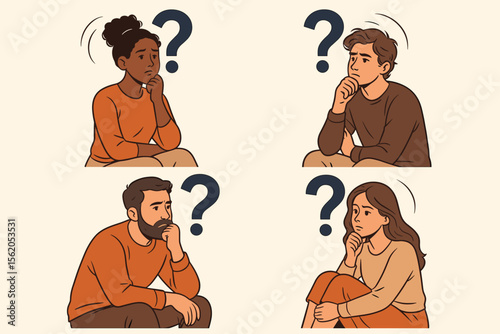 Thoughtful People Pondering Life Questions, Deep Reflection, Personal Growth, Self-Discovery, Decision Making, Contemplation, Diverse Men and Women, Sitting, Question Mark, Vector Illustration