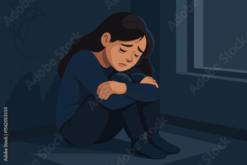 Sad young woman sitting alone in dark room, hugging knees. Depression, anxiety, loneliness, mental health crisis, emotional distress, solitude, despair, psychological problems, vector illustration