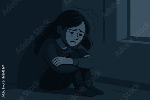 Sad young woman sitting alone in dark room, feeling anxious, depressed, lonely, mental health crisis, emotional distress, isolation, depression concept, vector illustration, psychological struggle