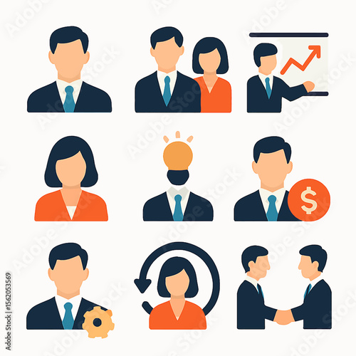 Business team and management vector illustrations depicting various work scenarios