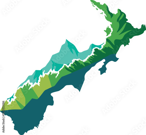 Stylized mountain range overlaid on a map silhouette with water