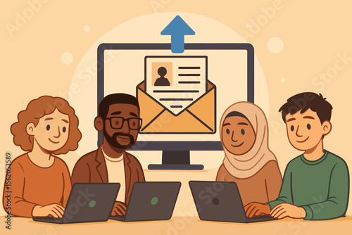 Diverse team of multicultural job seekers submitting resumes online, group using laptops, digital recruitment, employment application process, modern HR, remote hiring, career search concept