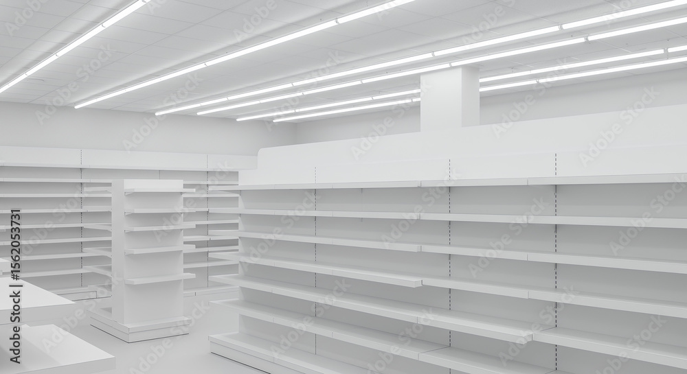 Fototapeta premium Photorealistic empty white pharmacy shelves under bright fluorescent lighting in a sterile environment