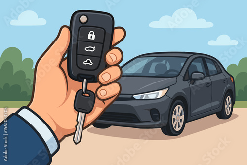 Hand Holding Car Key Remote with Modern Sedan in Outdoor Setting. Vector Cartoon Illustration of Vehicle Ownership, Auto Rental, Car Sharing, Transportation, Security, Purchase, Test Drive Concept