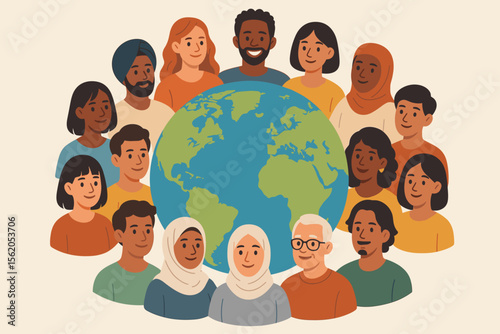 Diverse Global Community Unity Around Earth. Multicultural People Group. International Friendship. World Peace. Inclusion. Social Diversity. Togetherness. Multiracial Crowd. Vector Illustration