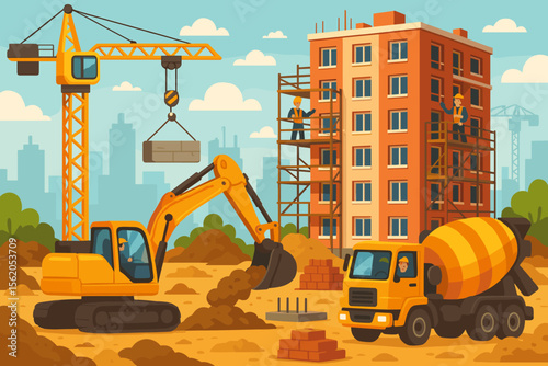 Construction Site with Heavy Machinery Building High-Rise Apartment, Workers on Scaffolding, Excavator, Crane, Cement Mixer, Urban Development, City Skyline, Vector Illustration