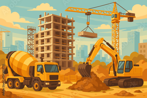 Construction Site with Heavy Machinery, Excavator, Concrete Mixer, Tower Crane, High-Rise Building Framework, Urban Development, Modern City Background, Vector Cartoon Illustration
