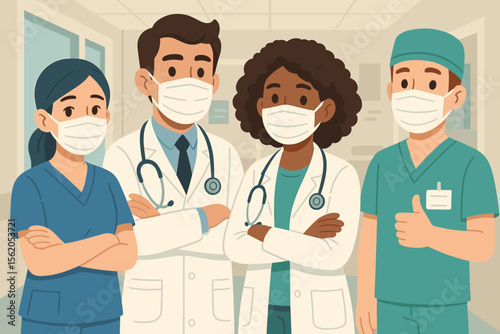 Diverse medical team of doctors and nurses in hospital corridor, wearing uniforms, stethoscopes, and face masks, healthcare professionals, teamwork, modern clinic, cartoon vector illustration