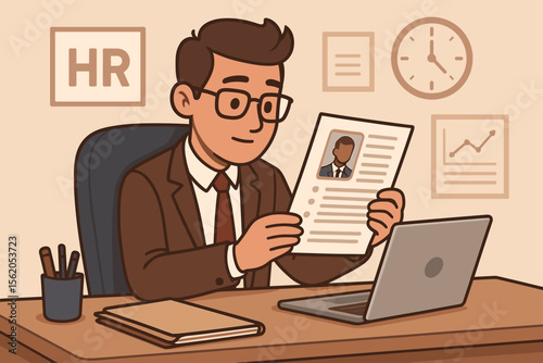 Human Resources Manager Reviewing Resume at Office Desk, Recruitment Interview Process, Candidate Evaluation, Job Application Screening, Professional HR Cartoon Vector Illustration