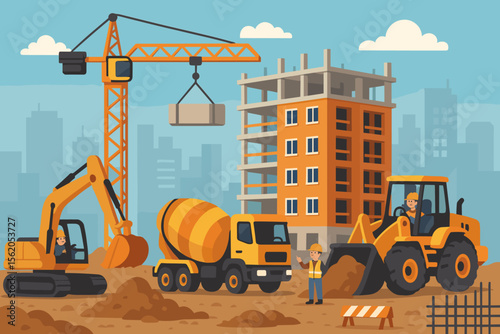 Construction Site with Heavy Machinery Building High-Rise Apartment, Excavator, Crane, Cement Mixer, Bulldozer, Workers, Urban Cityscape, Modern Residential Development, Vector Illustration