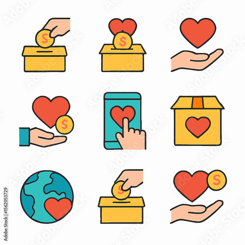 Charity and donation concept illustrated with hearts, coins, and donation boxes