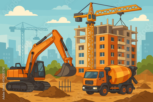 Construction Site with Heavy Machinery Building High-Rise Apartment Complex, Excavator, Cement Mixer Truck, Tower Cranes, Urban Development, Cityscape, Modern Architecture, Vector Illustration