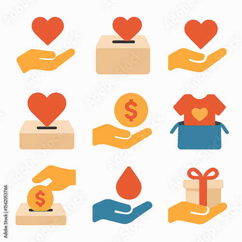 Charity and donation concept with hearts, money, clothes and a gift illustration
