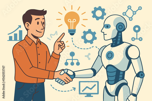 Businessman Shaking Hands with Robot, Human AI Collaboration, Innovation Partnership, Technology Integration, Data Analysis, Teamwork, Machine Learning, Vector Illustration