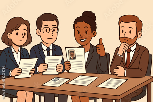 Human resources team evaluating resumes and selecting best job candidate. Cartoon business interview panel, recruitment process, hiring decision, HR professionals, teamwork, office meeting vector