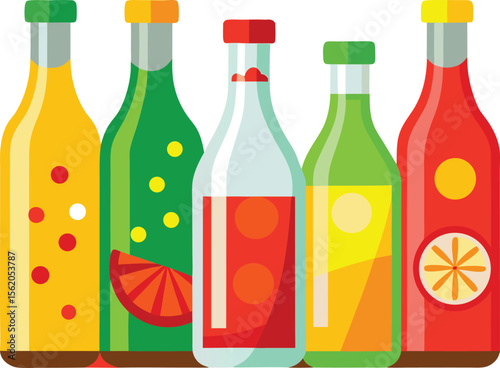 Colorful assortment of refreshing fruit drinks in glass bottles