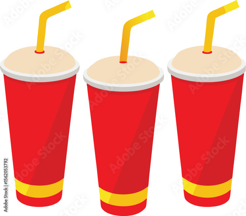 Three red disposable cups with yellow straws and lids filled with foamy liquid