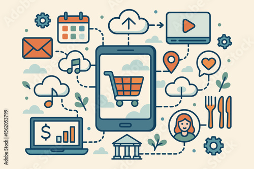 Digital Lifestyle Integration Concept. Online Shopping, Cloud Computing, Social Media, Finance, Music Streaming, Video, Communication, Navigation, Food Delivery. Modern Connected Services Vector