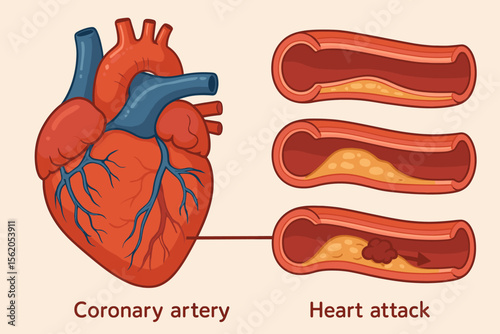 Heart Attack Pathology and Atherosclerosis Progression Vector. Coronary Artery Disease, Blocked Vessel, Plaque Buildup, Myocardial Infarction, Cardiovascular Health, Medical Cartoon Illustration