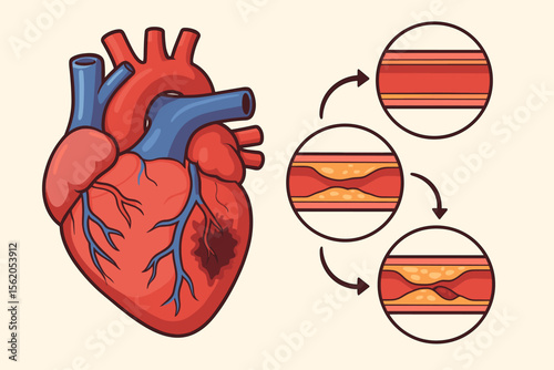 Human Heart Attack Pathology and Atherosclerosis Progression Vector. Coronary Artery Disease, Plaque Buildup, Blocked Arteries, Myocardial Infarction, Medical Anatomy, Cardiovascular Health Concept