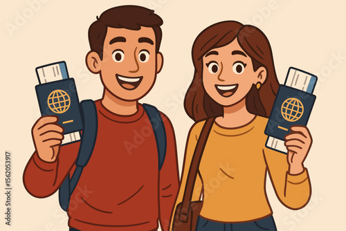 Young couple holding passports and airline tickets ready for travel adventure, cartoon vector illustration. Travelers with backpacks, international flight, journey, tourism, vacation, airport scene.