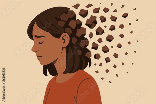 Mental health concept, young woman mind breaking apart, fragmented thoughts, memory loss, psychological stress, depression, anxiety, burnout, emotional distress, vector illustration