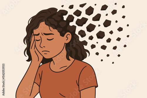 Mental health concept. Young woman overwhelmed, mind breaking apart, memory loss, anxiety, depression, stress, psychological trauma, emotional distress, fragmented thoughts, vector illustration