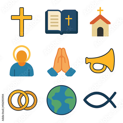 Christian faith symbols featuring cross, bible, church, praying hands, and world icon