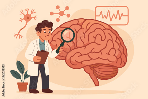 Neuroscientist analyzing human brain structure function research. Cartoon doctor with magnifying glass, neurons, brain activity, science discovery, mental health, neurology, medical illustration