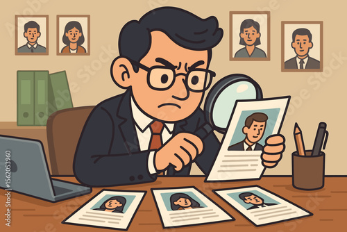 Professional recruiter analyzing resumes with magnifying glass in modern office. HR manager selecting best candidate. Job interview, recruitment process, employment search, hiring staff concept vector