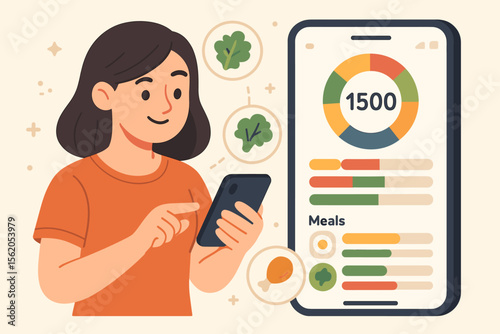 Nutrition Tracking Mobile App Illustration, Calorie Counting and Meal Planning Concept, Healthy Lifestyle, Diet Monitoring, Food Intake Analysis, Vector Cartoon