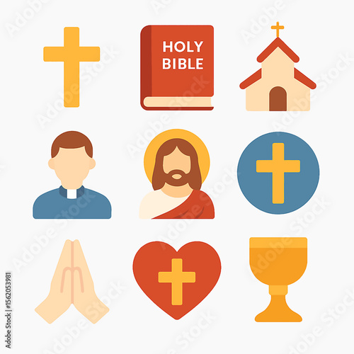 Christian symbols featuring cross, bible, church, priest, Jesus, prayer, heart and chalice