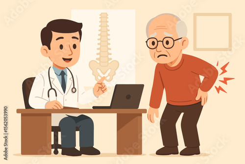 Elderly Man with Back Pain Visiting Orthopedic Doctor, Medical Consultation, Spine Health Diagnosis, Senior Patient Exam, Healthcare Clinic, Pain Relief, Vector Cartoon Illustration