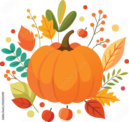 Vibrant autumn pumpkin surrounded by colorful leaves and berries