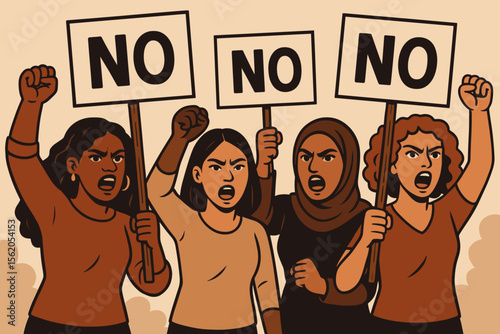 Diverse Women Protesters Raising Fists and Holding NO Signs, Feminist Activists Demonstrating Against Discrimination, Empowerment, Social Justice, Solidarity, Cartoon Vector Illustration