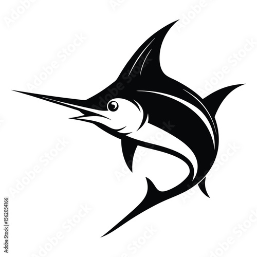 Black and white vector illustration of a flying hummingbird and a marlin fish