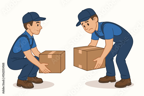 Safe vs Unsafe Lifting Techniques Illustrated by Male Workers Carrying Heavy Boxes. Proper Manual Handling, Correct and Incorrect Posture, Occupational Safety, Workplace Injury Prevention, Vector Art