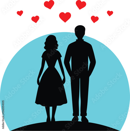 Silhouette of a loving couple standing together under a shower of red hearts against a bright cyan circle isolated on transparent background